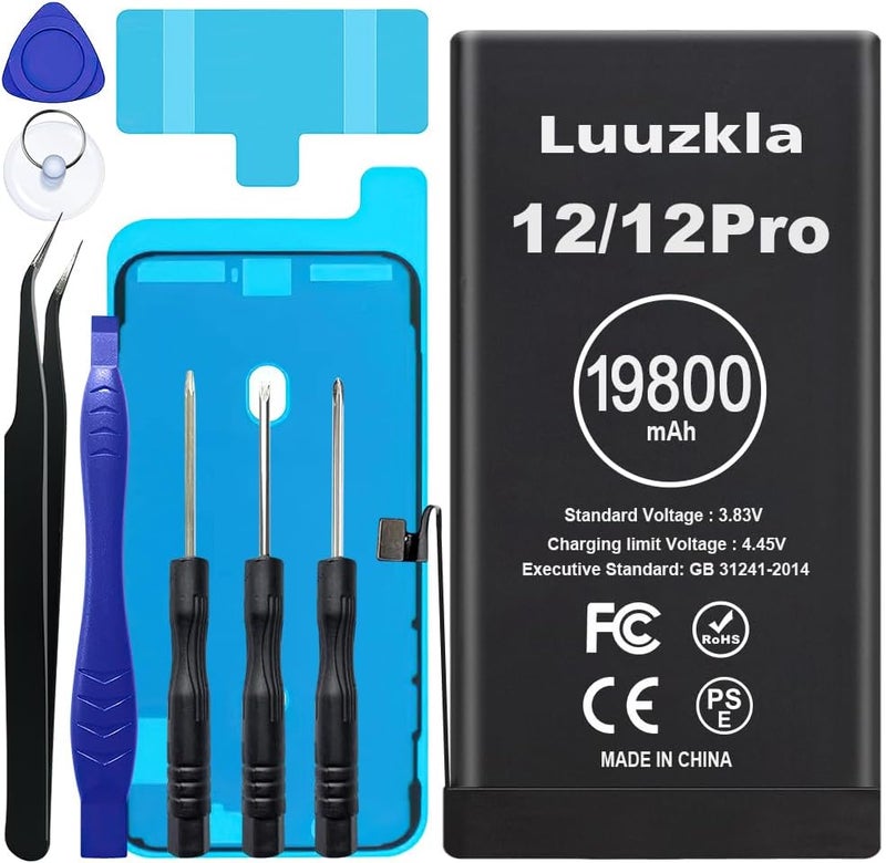 Luuzkla بطارية بسعة 19800mAh (ترقية جديدة 2025) متوافقة مع iPhone 12/12 Pro، بطارية بديلة بسعة فائقة متوافقة مع iPhone 12/12 Pro، مع مجموعة أدوات كاملة - 0 دورة - 24 شهر خدمة - Image 1
